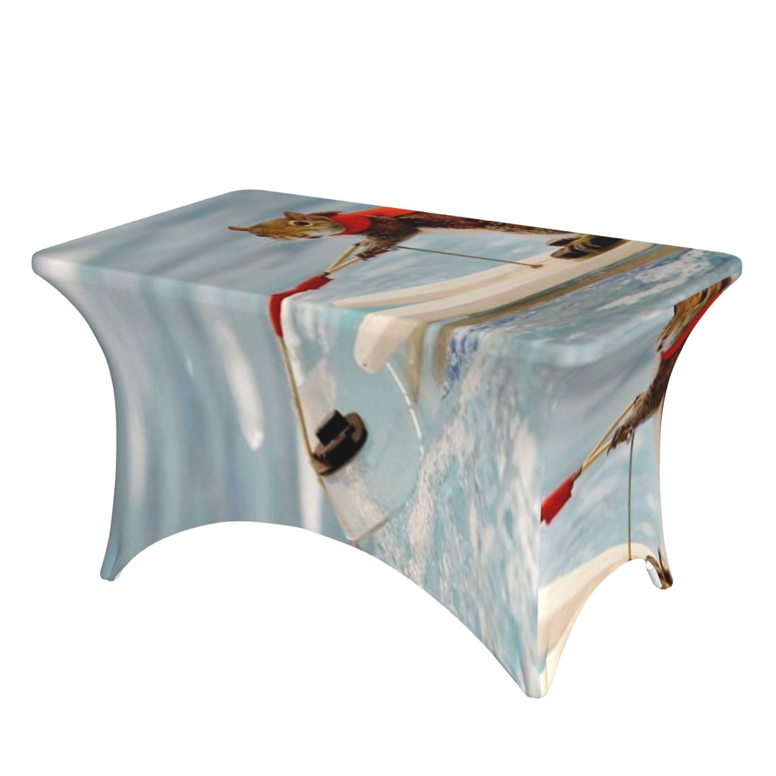 Dcehgew Water Skiing Fox Squirrel 4Ft Spandex Rectangular Table Cloth, Printed Fitted Elastic Tablecloths Washable Table Cover For Event, Wedding, Banquet & Party