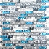 Stone Mixed Glass Kitchen Backsplash Linear Mosaic Tile Polished Gray & Teal Blue Bath Shower Wall D