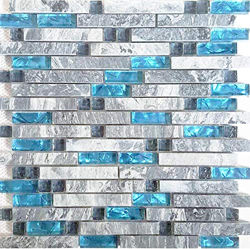 Stone Mixed Glass Kitchen Backsplash Linear Mosaic Tile Polished Gray & Teal Blue Bath Shower Wall Decor Narutal Marble Interlocking Pattern Art Mosaics (5 Square Feet) #TOP1