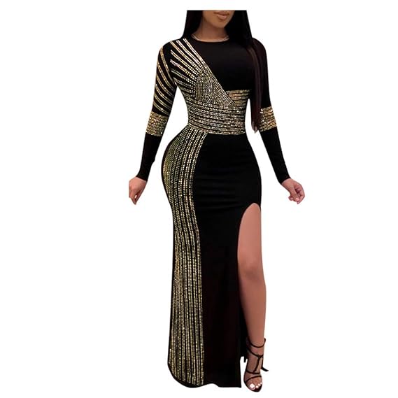 Buy Didida Women Prom Dress, Ladies Fashion Women Dress Party Dress Evening  Gown Side Slit Long Sleeve Dress Spring Autumn for Casual Party Gold at  Amazon.in