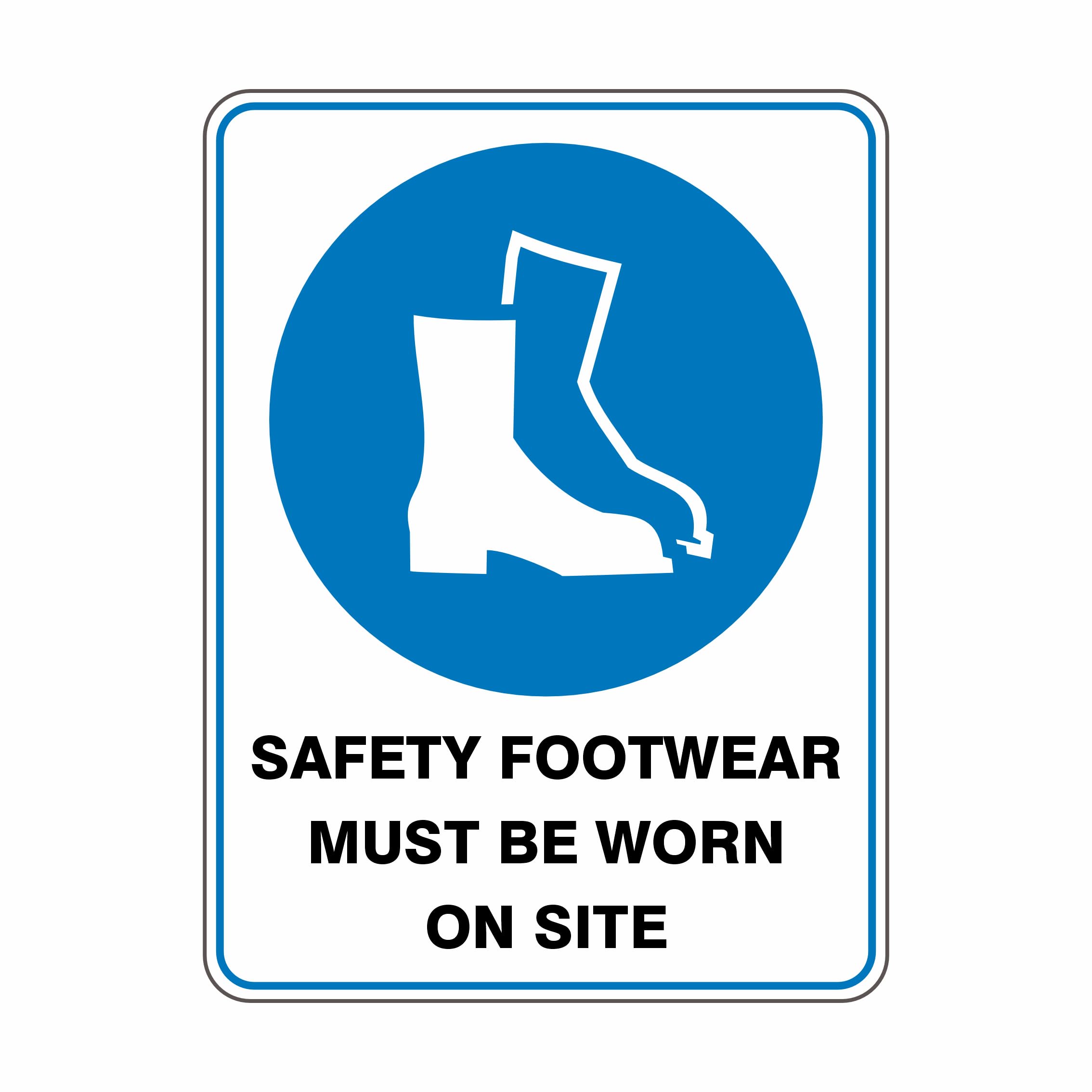 Safety Footwear Must Be Worn On Site Mandatory Signs, 12x8 Metal Tin Sign, Safety shoes required on site.