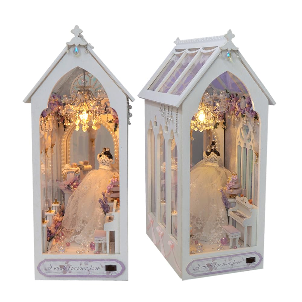 DIY Book Nook Dolls House Kit Puzzle Toys Miniature Furniture Romantic Wedding Dress Dollhouse with LED Lights,Creative Wedding Valentines Day Gift