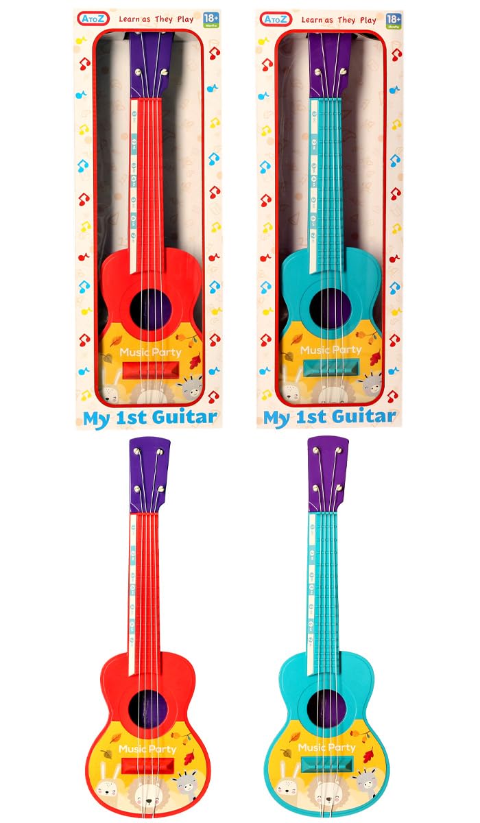 Atoz My 1st Guitar Toy, Music Party Theme, 4 Strings, for Ages 18 Months+, Red or Teal