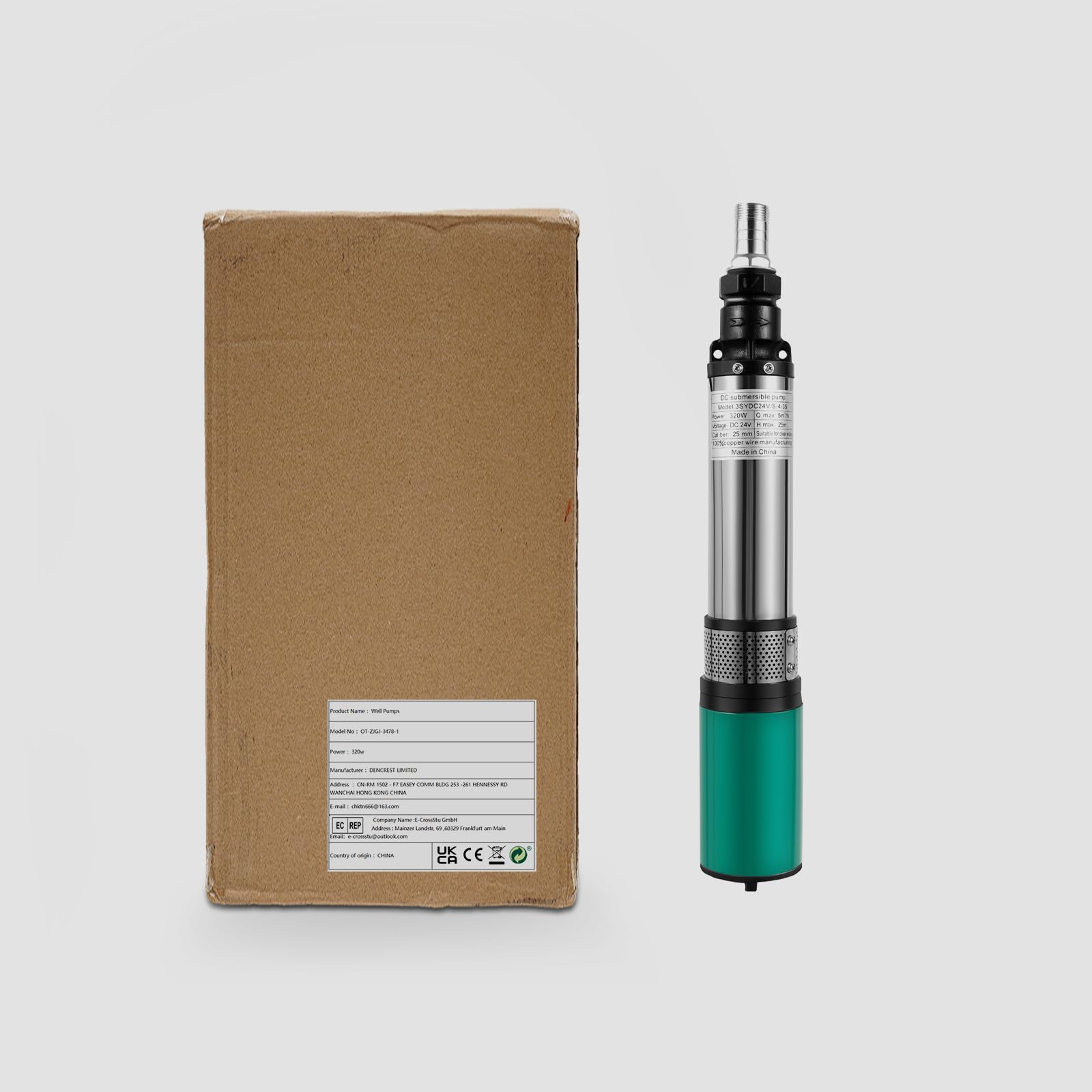 Pompa sommersa per pozzi profondi, DC 24 V 320 W in acciaio inox, pompa elettrica per pozzi profondi, portata massima 5 m³/h, per fiumi, stagni, canali, 4500 giri/min