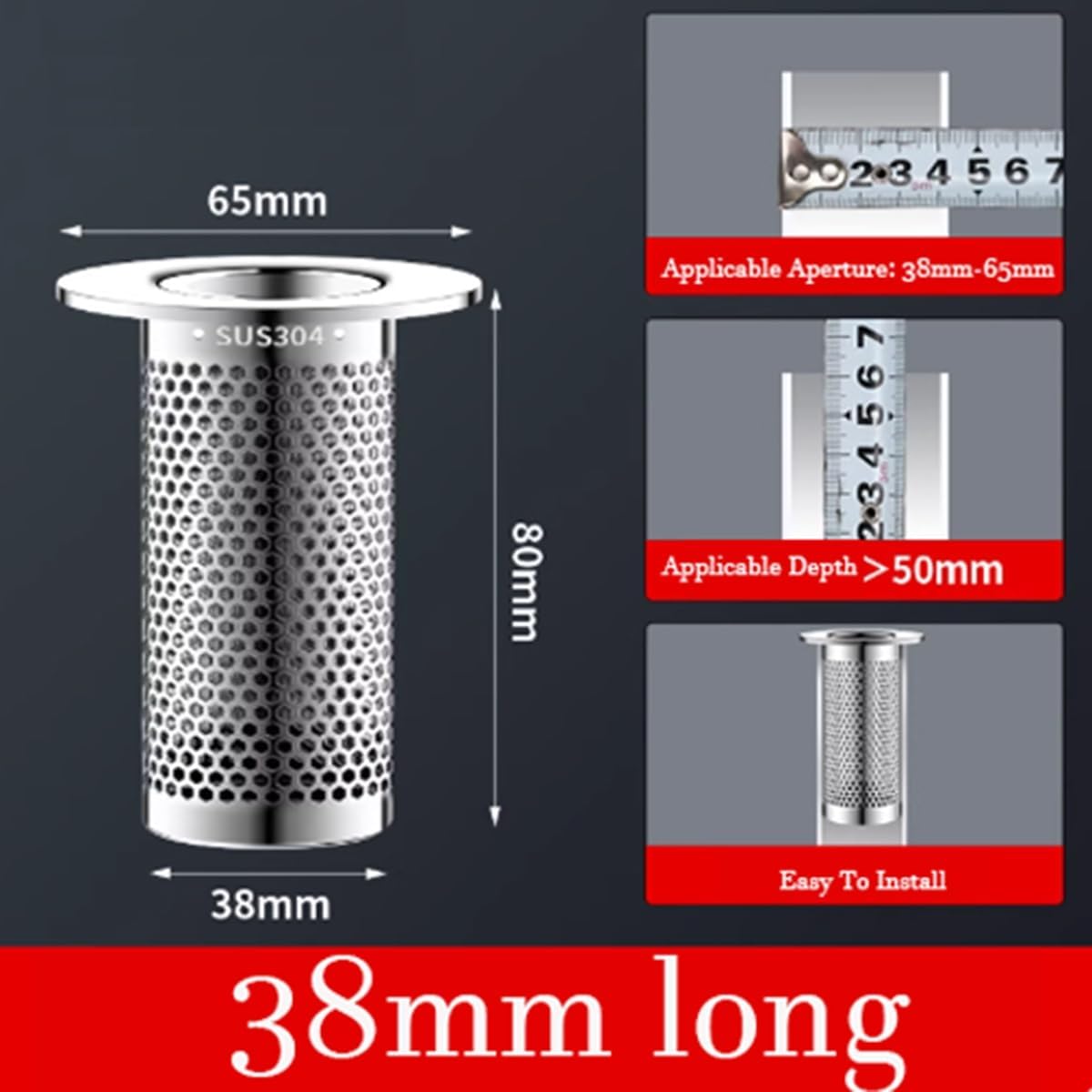 Drain Hair Catcher 0.98in 1.10in 1.30in 1.50in Stainless Steel Large Capacity Bathtub Strainer Anti-Clogging Bathroom Drain Cover for Bathtub Laundry Utility Sink(1.50in Long)