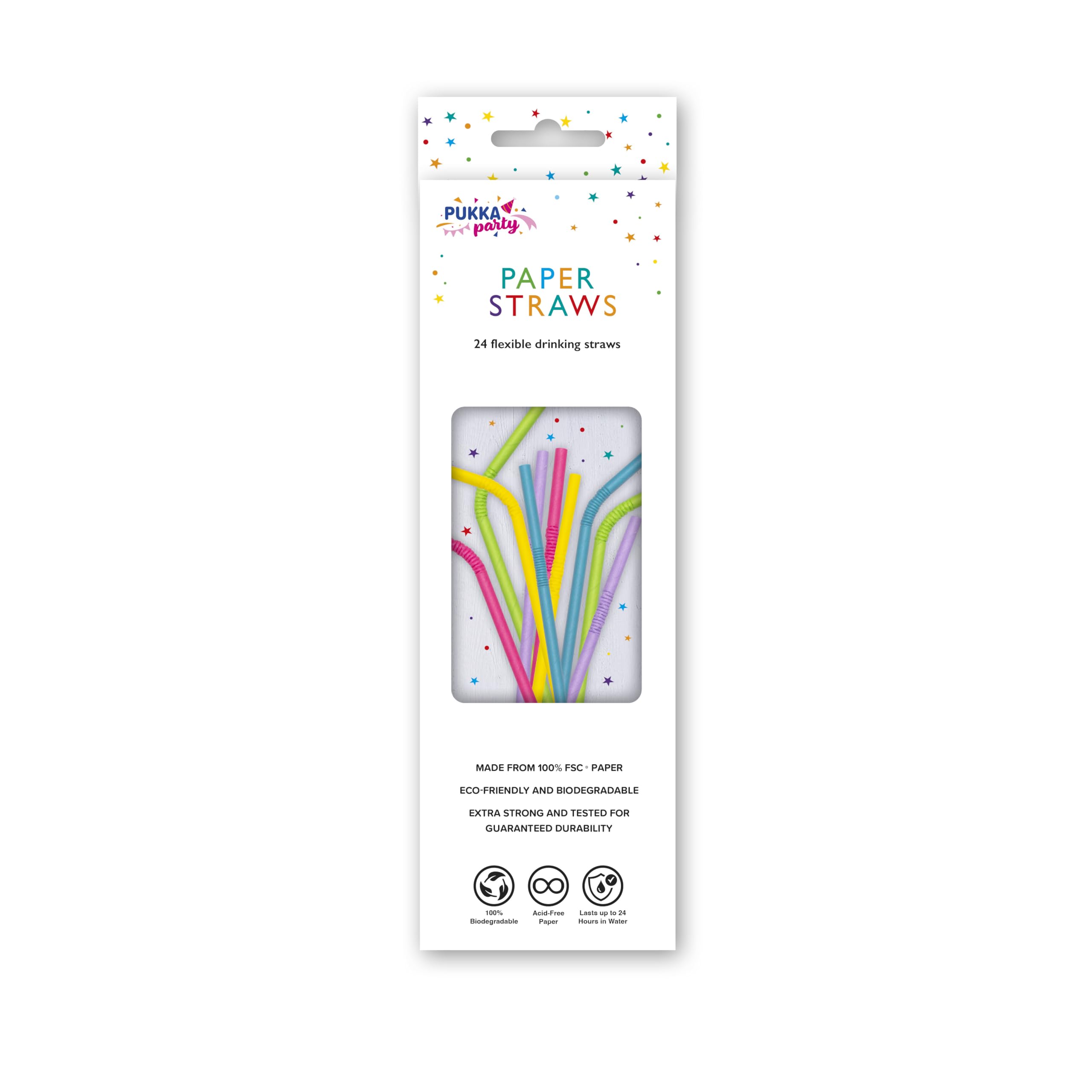 PUKKA party Flexible Bendy Paper Drinking Straws, 24 Pack in 5 Colours, Extra Strong & Durability Tested
