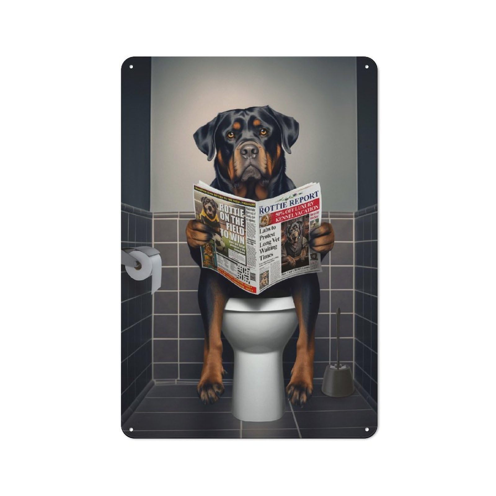 Junmoney Rottweiler On The Toilet Vintage Metal Plaque 30X20cm, Diner Style Decor For Coffee Bar, Kitchen, Bistro Or Tea Corner
