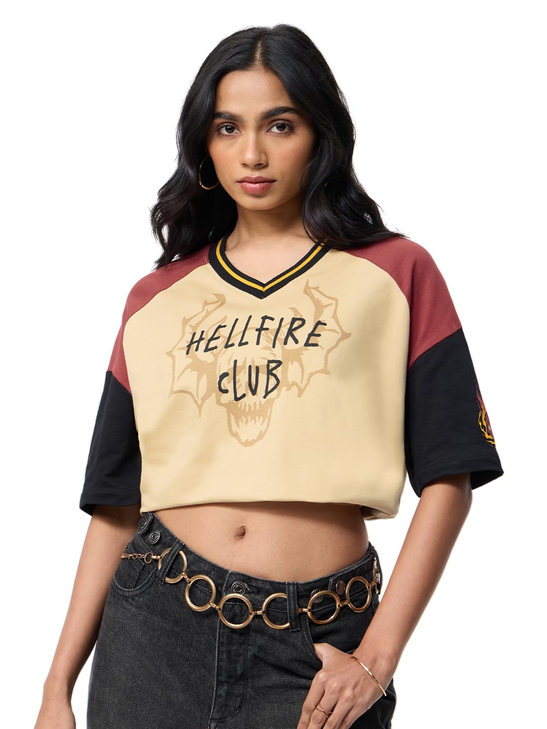 Hellfire Club Stranger Things : Women and Girls Short Sleeves V Neck Tan Maroon Black Colour Block Graphic Printed Cotton Oversized T Shirt-image-46
