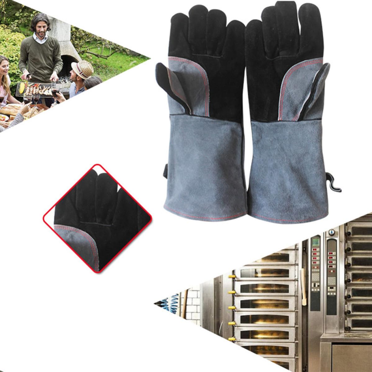 BESPORTBLE 3 Pezzi Guanti Resistenti al Calore in Pelle Bovina per Barbecue | Confezione a Paio, Lunga Protezione al Polso, Isolati e Antiscivolo, per Cottura e Griglia