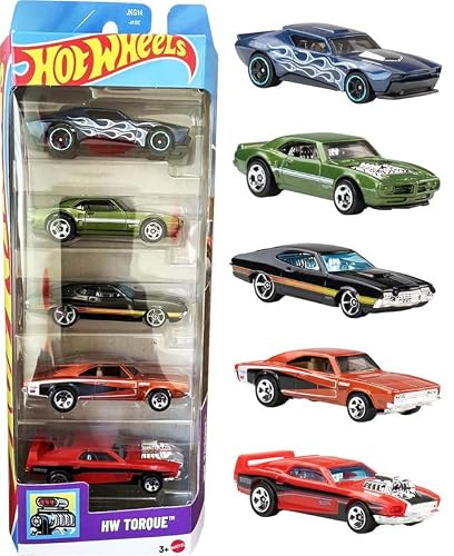 Hot Wheels Car 2026 HW Torque Pack of 5 (72 Ford Gran Torino Sport, Rivited, 69 Dodge Charger 500, Custom 67 Pontiac Firebird, Muscle Bound) Multi - Color