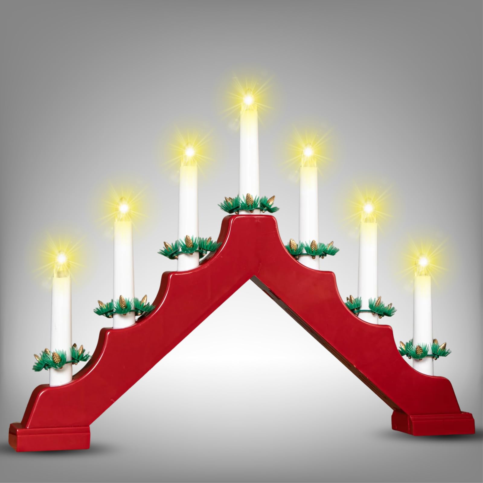 MURIEL BARGAINS Christmas Candle Bridge Light 7 LED Battery Operated with Timer – Wooden Festive Window Decoration for Home Décor – Warm Glow Electric Candle Arch Ornament (Red)