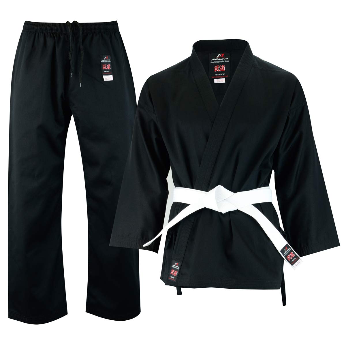 Malino Studente Karate Gi, Tuta da Karate, Uniforme da Karate, Tuta per bambini e adulti da uomo Uniforme per arti marziali Cintura gratuita 100% cotone 8 once Bianco/Nero (6/190, Nero)