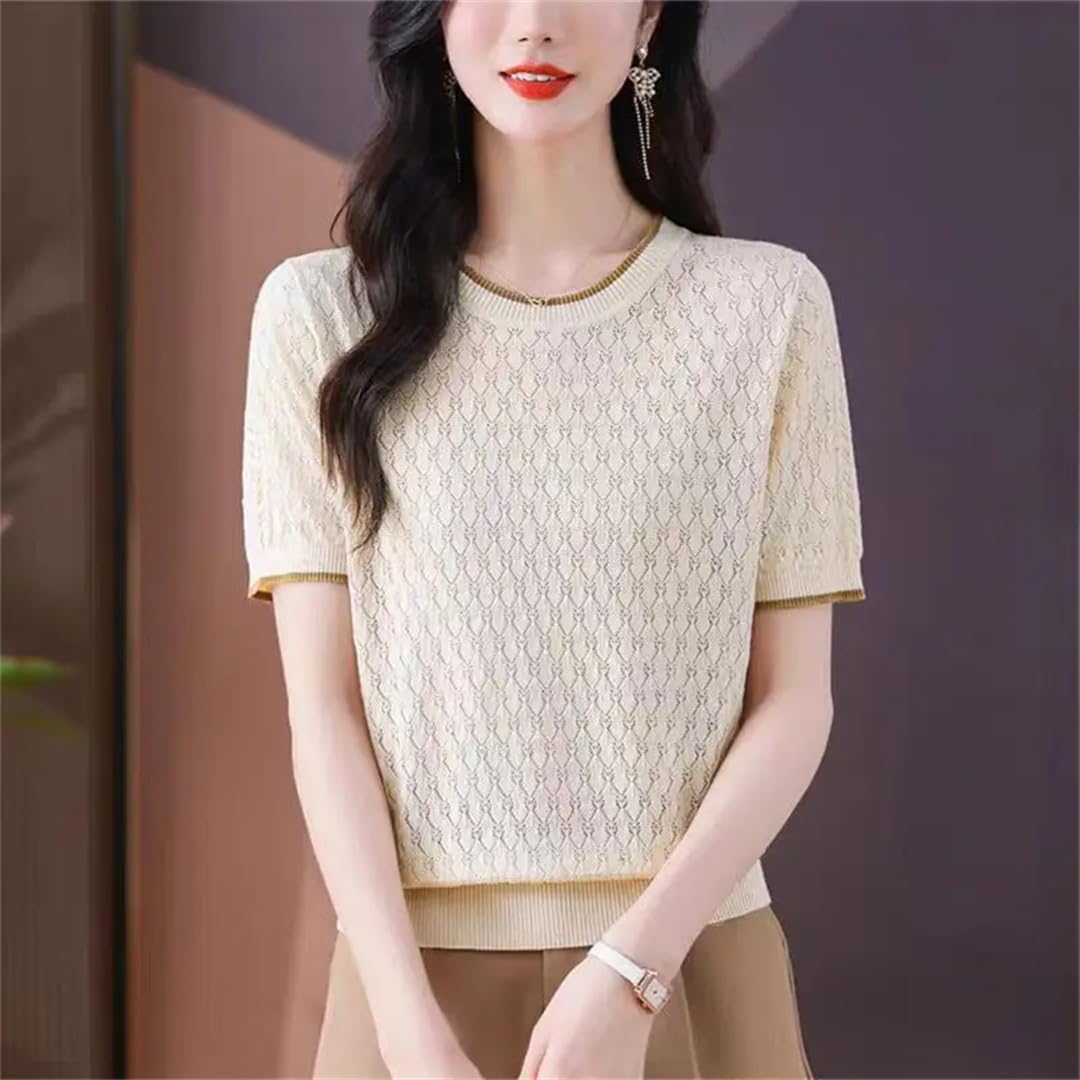 Damen-Sommer-T-Shirt, locker, hohl, kurzärmlig, schmaler Pullover, T-Shirt, kühles Seide, dünnes Oberteil