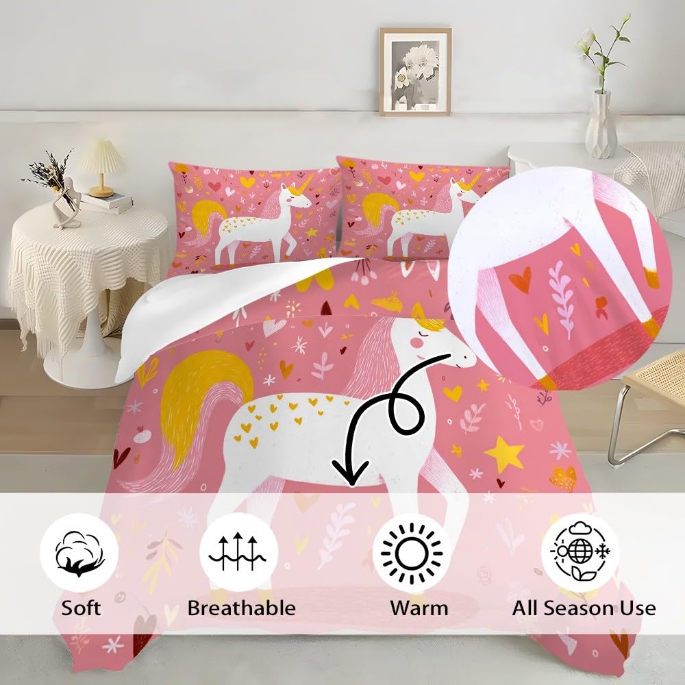 Poszewki na kołdrę podwójne 200 x 200 cm romantyczny jednorożec w kształcie serca poszewka na kołdrę ciepły zestaw pościeli 3 szt. z poszewkami na poduszki, ultramiękka hipoalergiczna nie wymaga