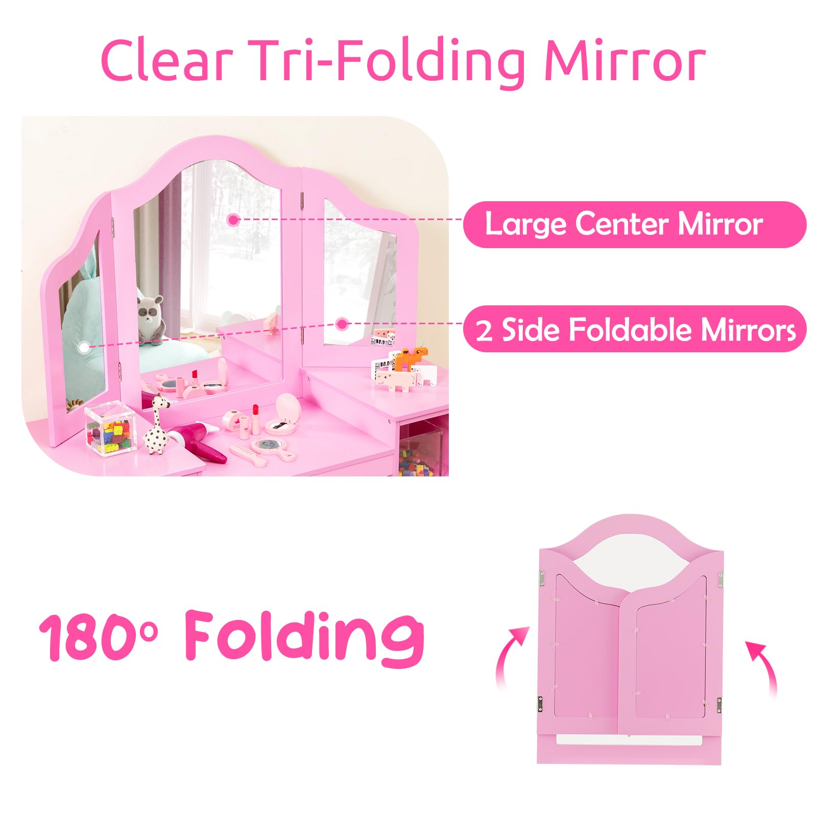 LIFEZEAL Tocador 2 en 1 para niña con Taburete 3+ años, Juego de tocador Infantil, Mesa de Maquillaje con 4 Compartimentos, Escritorio Infantil de Madera con Espejo extraíble y Plegable (Rosa)