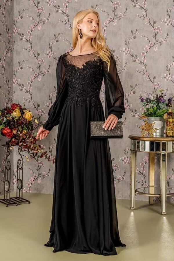 Long Sleeve Mother of Bride Dresses for Women Chiffon Lace Applique Mother of The Groom Dress for Wedding ZXLM0034