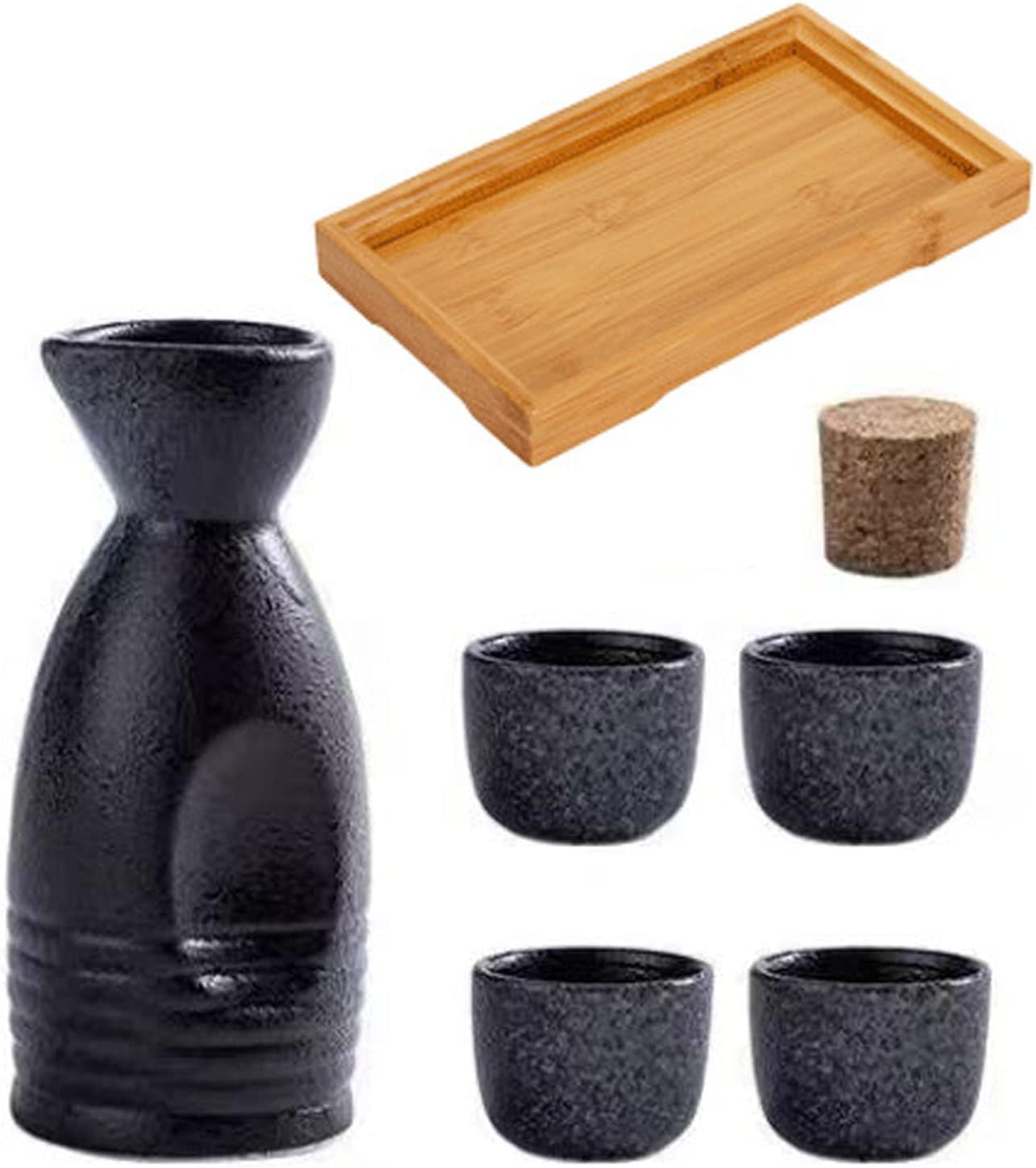 Ensemble Service à Saké Japonais En Céramique - Bouteille, 4 Tasses, Chauffe-Saké Et Plateau Bois Noir