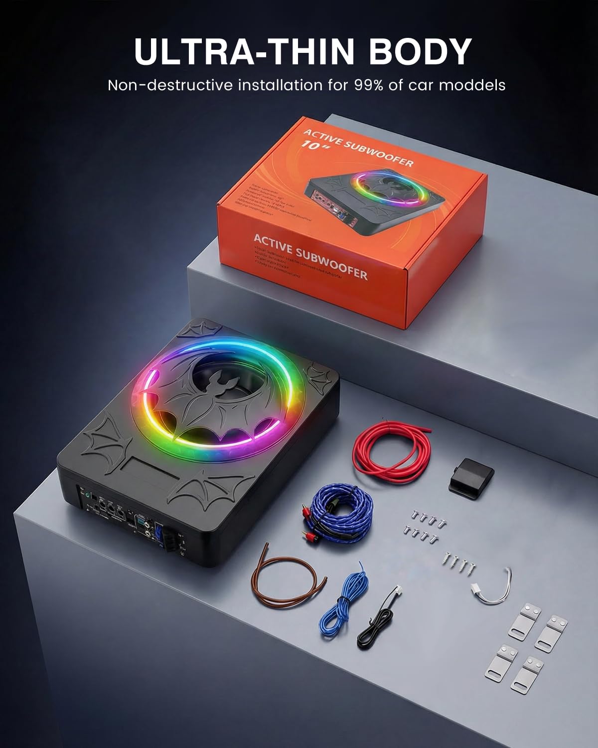 Subwoofer Activo para Coche, Que se Puede Instalar Debajo del Asiento, con una Potencia Máxima de 1200 Vatios, Amplificador Integrado y Luces Ambientales RGB Controlables a Través de Una Aplicación