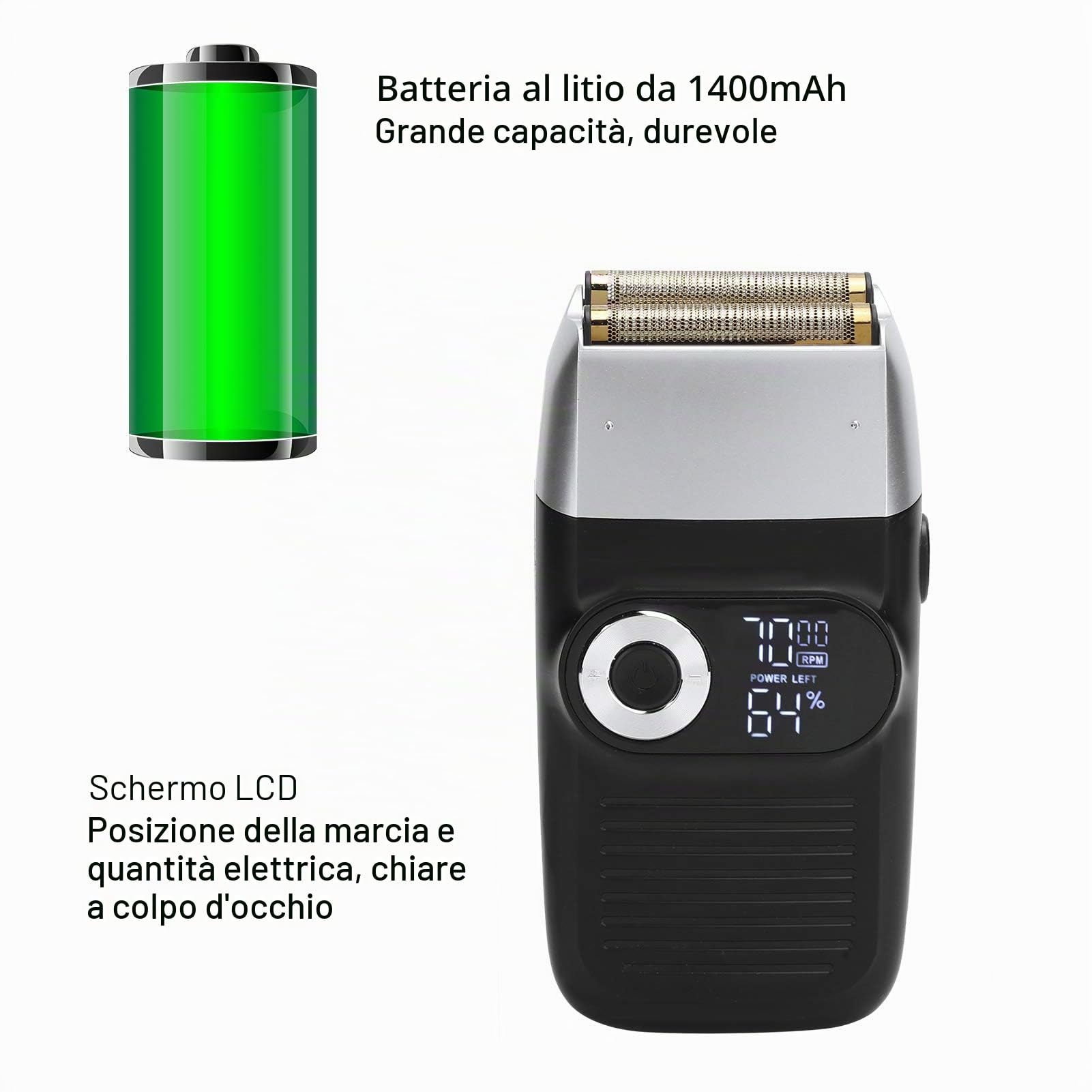 Rasoi Elettrici a Lamina 1400 MAh, Rasatura e Rasatura della Testa Calva 2 in 1, Rasoio Barba Uomo Portatile Ricaricabile per Barbieri e Stilisti Professionisti