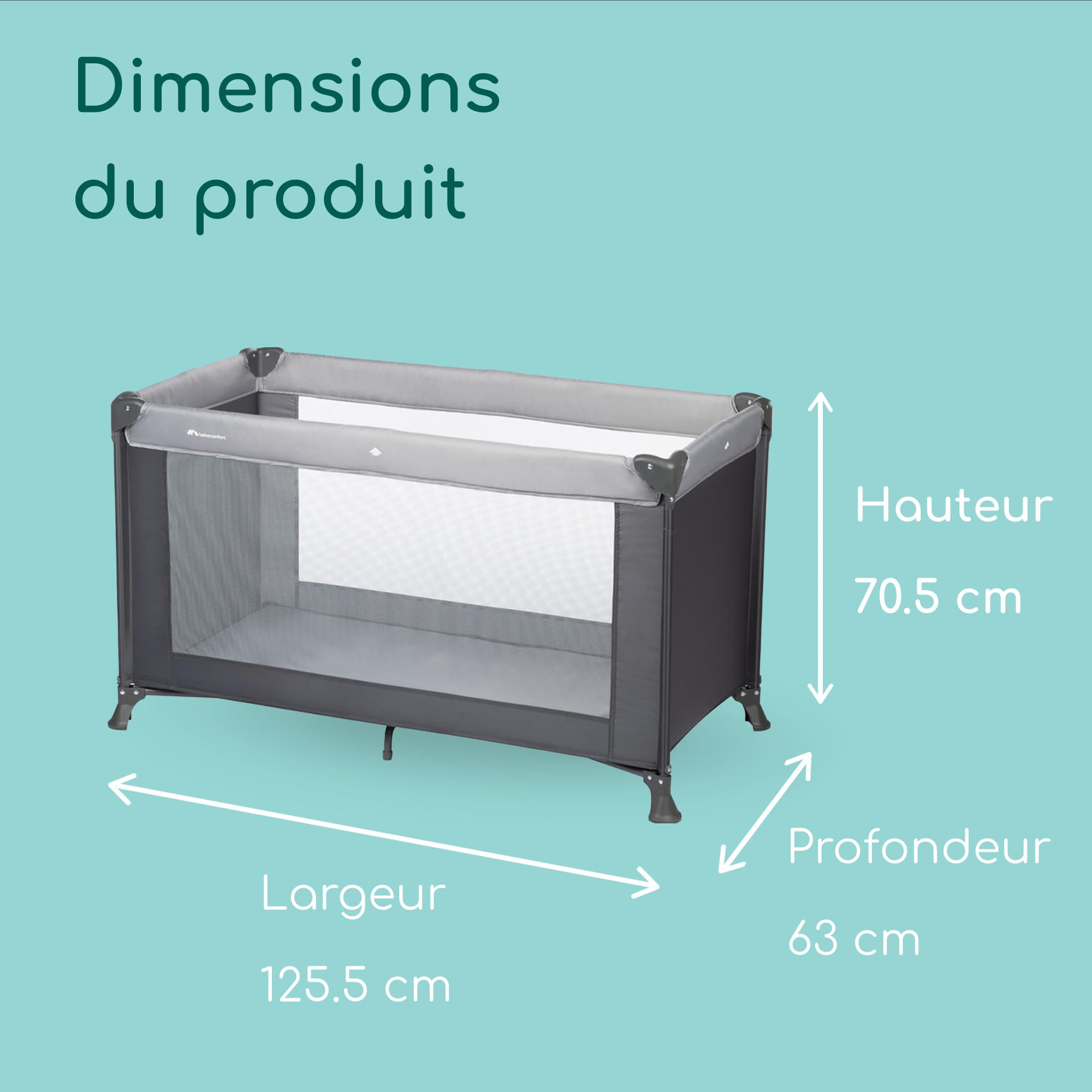 Bebeconfort Soft Dreams, Lit Parapluie Bébé 0-3 ans (0-15 kg), Lit Voyage Léger, Matelas Fibre de Bois et Mousse (60 x 120 cm), Sac de Transport, Pliage Parapluie Compact, Tinted Graphite