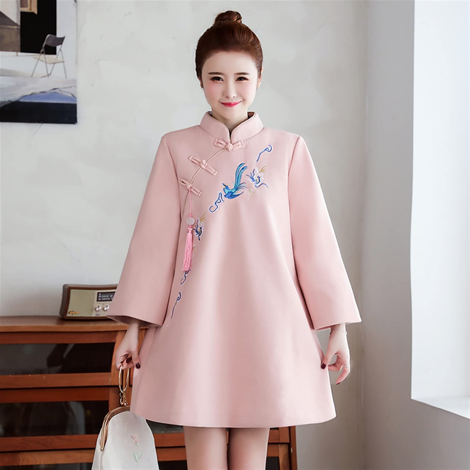 Elegant Coat Mid-length Embroidered Thick Quilted Chinese Costume Woolen Improved Cheongsam Coat Qipao Dress (Color : Pink, Size : L.)