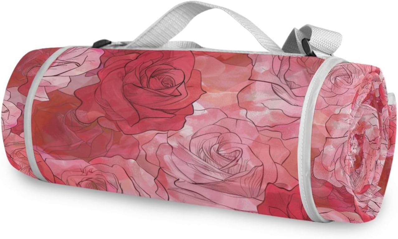 Round Beach Accessories - Fits 2 Adults, Summer Accessories Sand Free Camping Floor Mat for Spring Summer Camping 58 in (Roses Red)