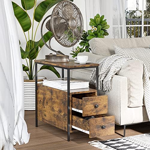 HOMCOM Side Table with 2 Drawers and Storage Shelf, Narrow End Table Bedside Table with Metal Frame for Small Spaces, Rustic Brown