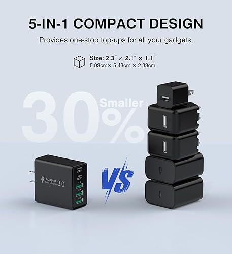 Miniatura 6 de [Paquete de 2] Cargador de pared USB C, bloque de cargador USB C de 50 W, bloques de carga rápida PD de 5 puertos, 2USB C + 3USB A enchufe negro