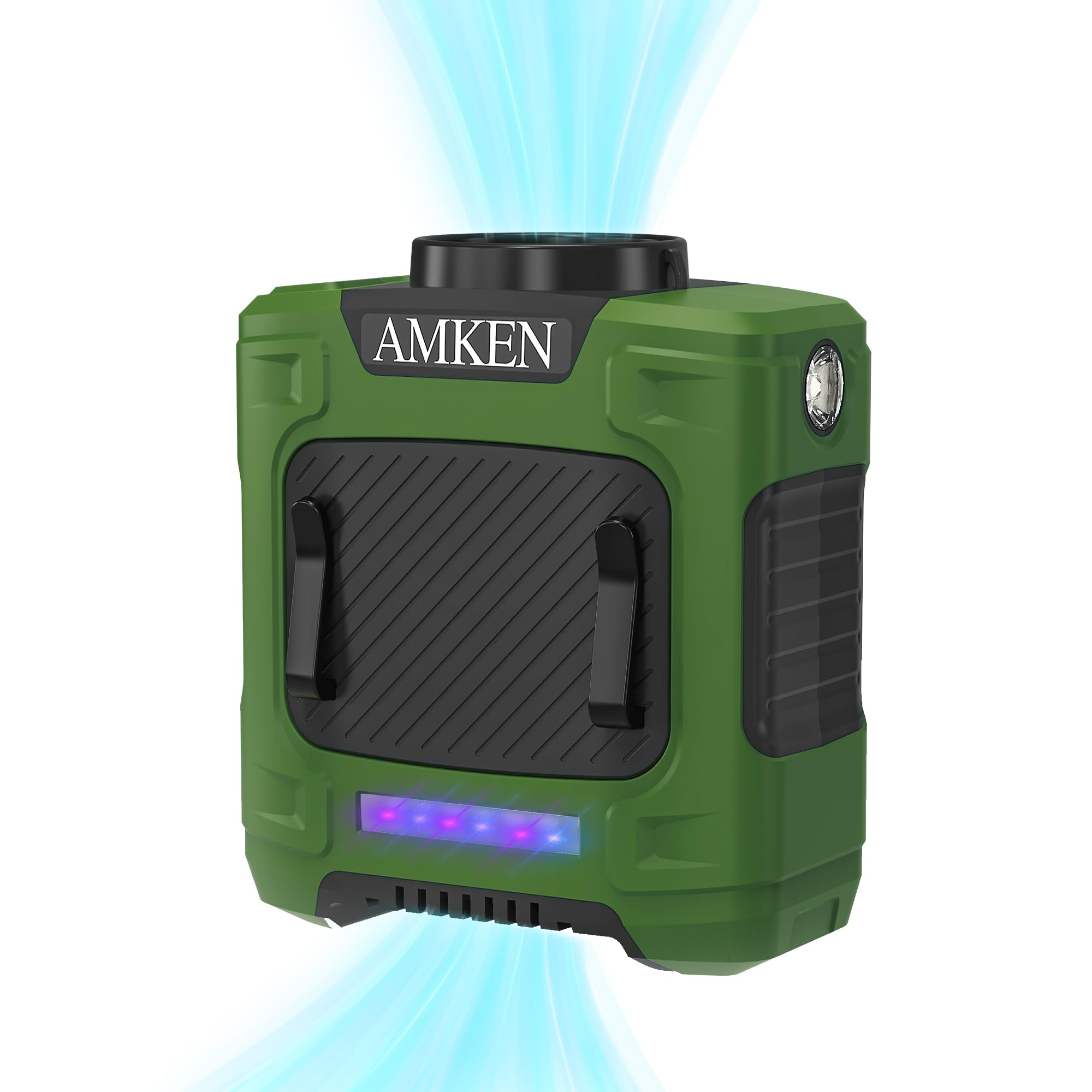 AMKEN Waist Fan - 3-Speed Clip-On Belt Fan, 16000RPM Strong Airflow, 24H Rechargeable Battery (10000mAh), LED SOS & Red-blue Light - Portable Cooling for Jobsite, Camping, Fishing, Outdoor