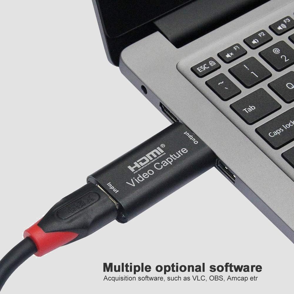 AOGITKE capture card plugged into a laptop, with text indicating 'Multiple optional software' like VLC, OBS, Amcap.