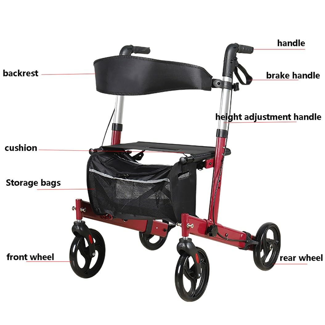 4 Ruedas Caminadores para Mayores,Andador para Exteriores de Aluminio,Andador plegable ligero,Rollator,altura ajustable,Andador para ancianos red