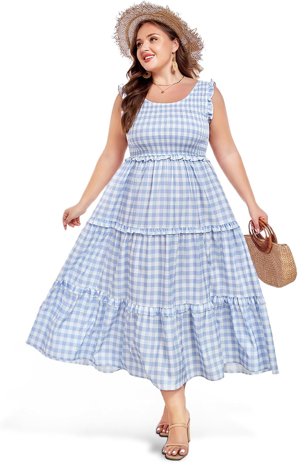 Women's Plus Size Summer Casual Maxi Dress Ruffle Sleeveless Plaid Smocked Tiered Long Dresses with Pockets - Image 4