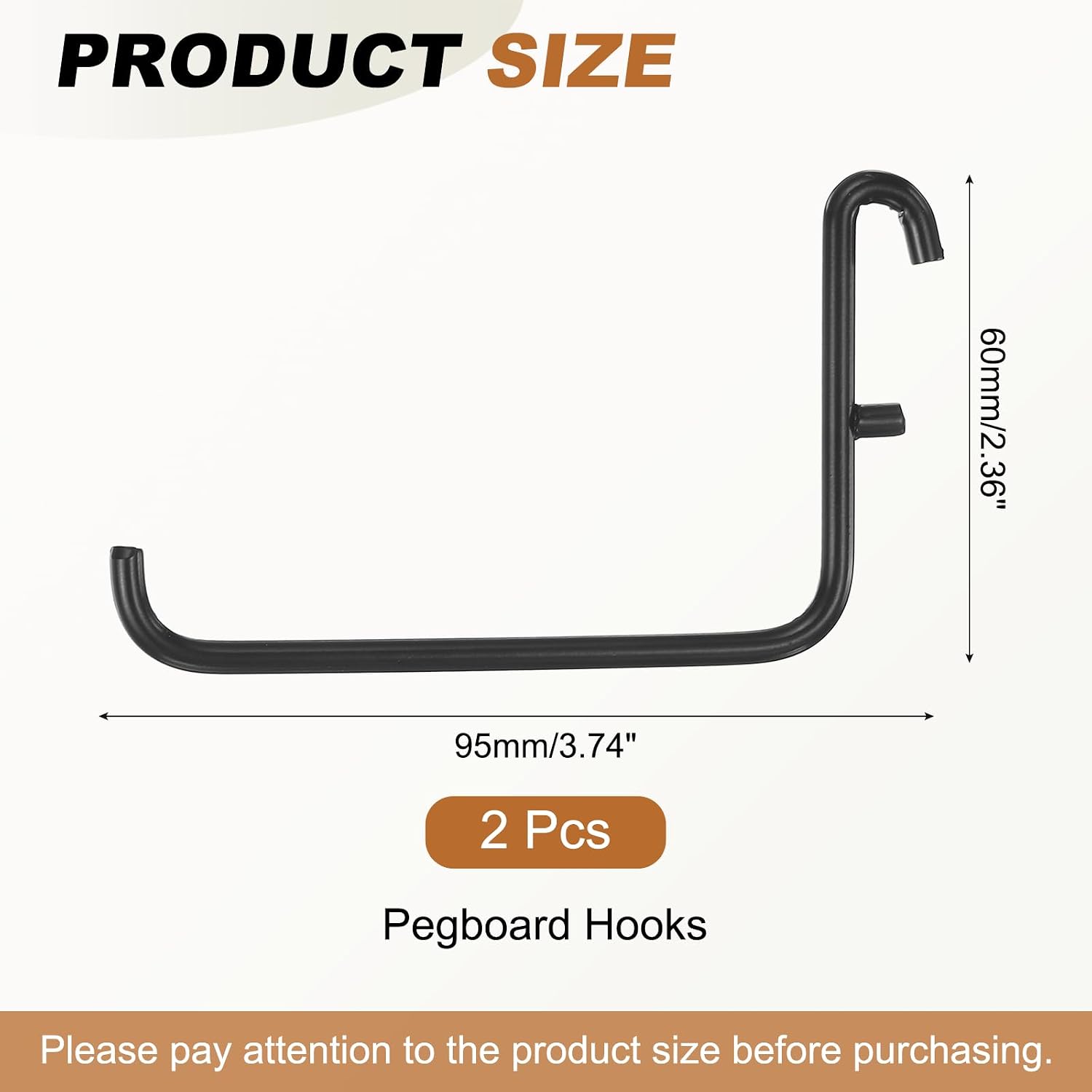 uxcell 2 Pcs Pegboard Hooks 3.74 x 2.36 in, Long L-Shape Metal, Black image 2