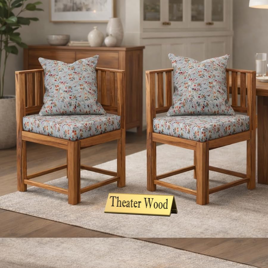 Image of Solid Sheesham Wood Dining Chair Set of 2 | Wooden Arm Chairs with Cushion | Living Room Chair | Dining Table Chair | Modern Wooden Furniture (Honey Finish)