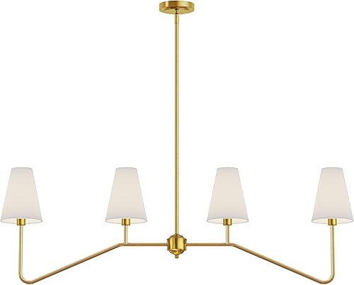 Electro bp Lámpara de iluminación lineal de isla de cocina de 47 pulgadas de ancho y 4 luces, color dorado pulido con persianas de lino blanco, 160 W