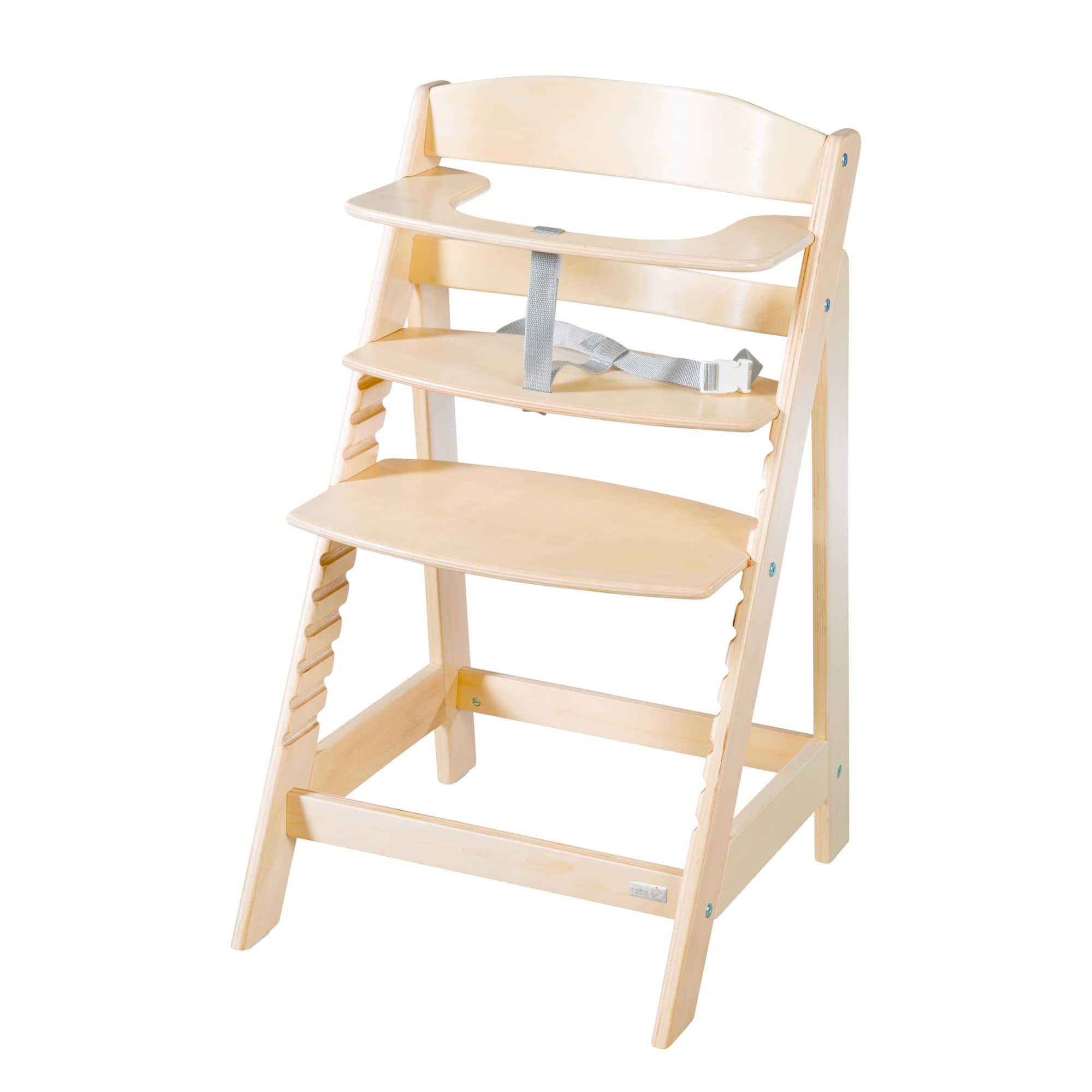 roba Chaise Haute Évolutive en Bois Naturel Born Up 2 en 1 + Transat Inclinable Greyish Matelassé - Cuir Imperméable - Hauteur Réglable - dès Naissance jusqu'à 70 kg