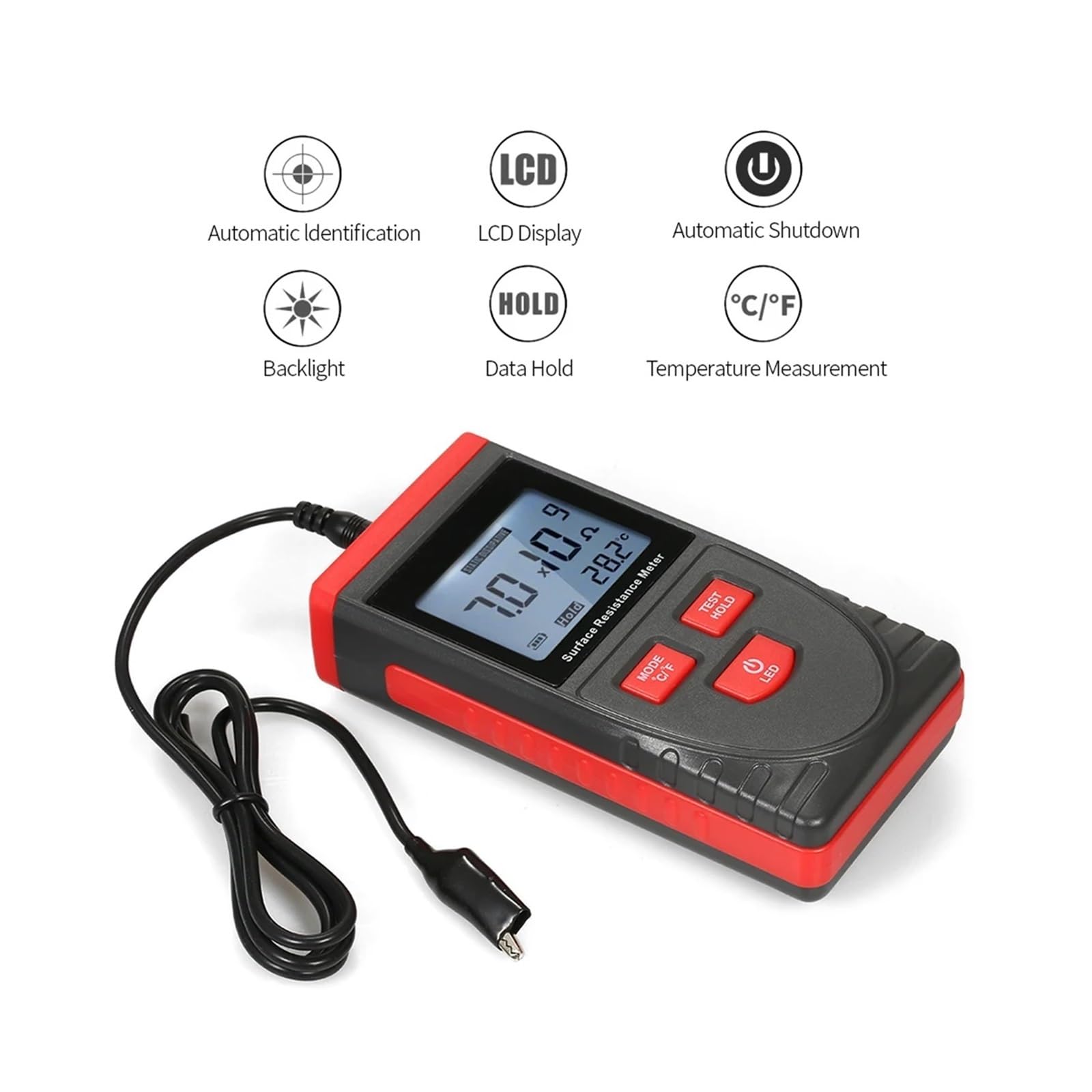 Medidores de Resistencia, Medidor de resistencia superficie portátil con pantalla LCD, medición temperatura, almacenamiento datos, comprobador aislamiento antiestático
