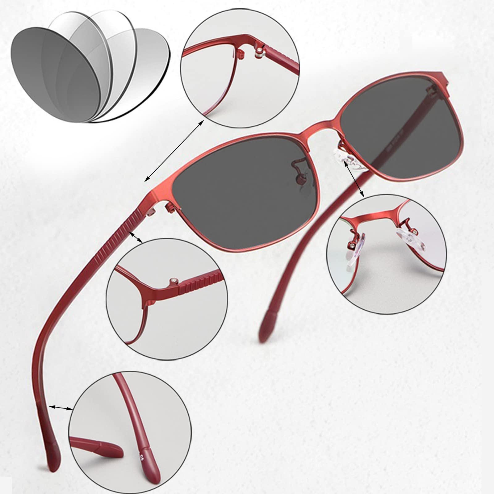 Mujeres Gafas de Lectura Fotocromáticas Marco Completo de Metal Interior Exterior Doble Propósito Lector de Ancianos HD Gafas de Protección UV,Red-+1.50