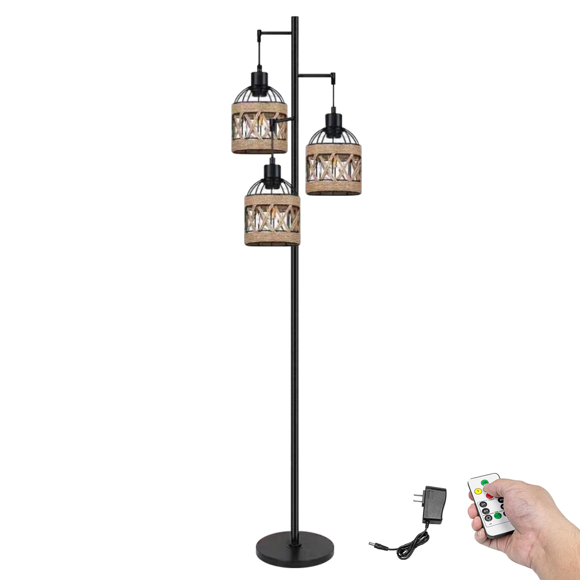 Kiven Cordless Dimmable Floor Lamp, Boho Rattan Standing Lamp with Remote Control 3 Color Temperature, Rechargeable Home Decor Lamps for Living Room