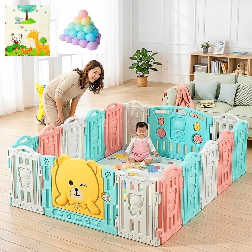 Image of Large Baby Playpen 18 Panels /36 Sq Ft Play Area Indoor Setup with Mat ,balls | Play Yard for Babies 0-3 Years with Padded Boundary |Indoor Outdoor Toddler , infant fence Activity Center with Safety Door Lock & Suction Cups (6 * 6 FT)