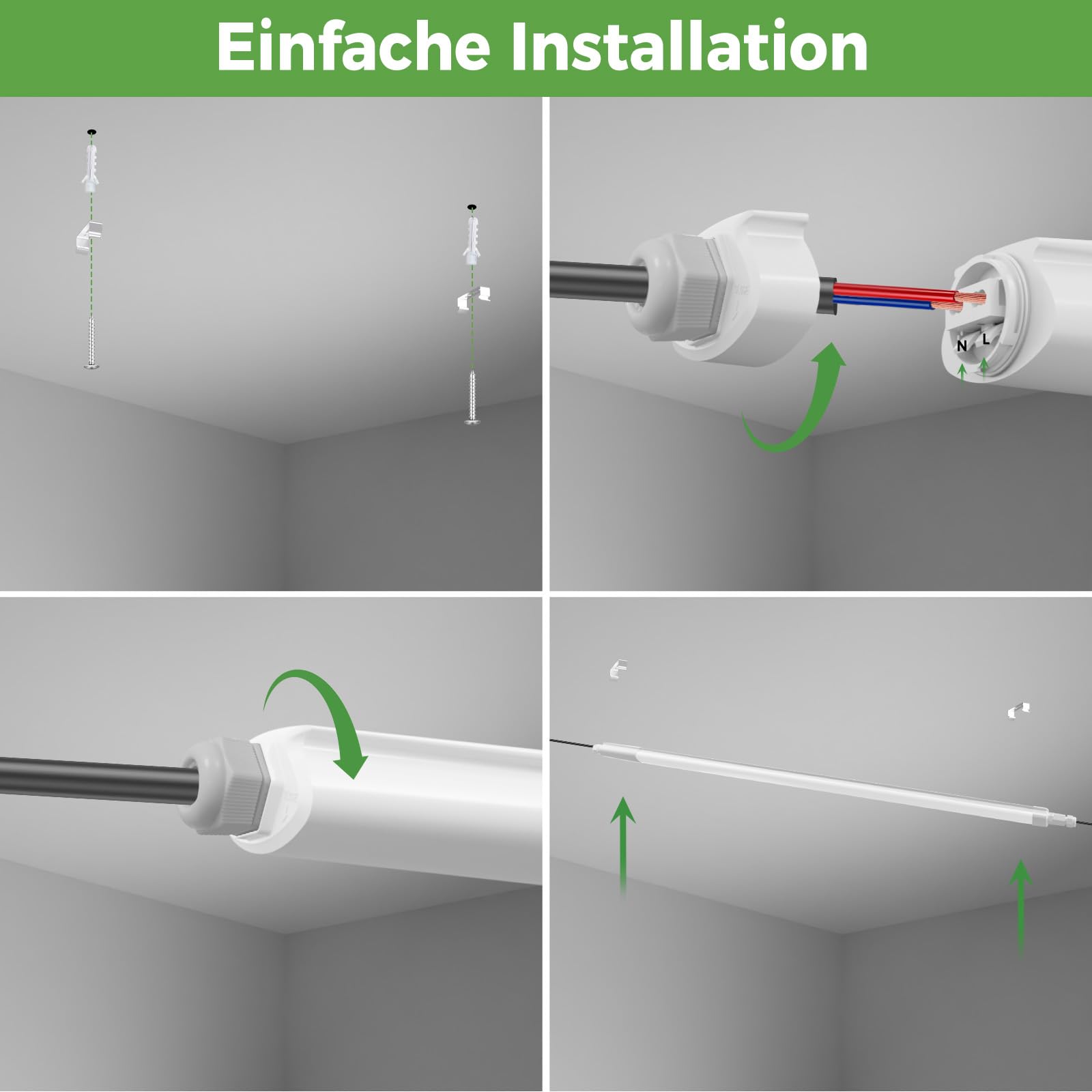 zemty Feuchtraumleuchte LED Röhre 120CM, 3000K/4000K/6500K 36W 3960LM LED Deckenleuchte, IP65 Wasserfest Lichtleiste für Kellerlampe, Werkstattlampe, Küchenlampe, Badlampe