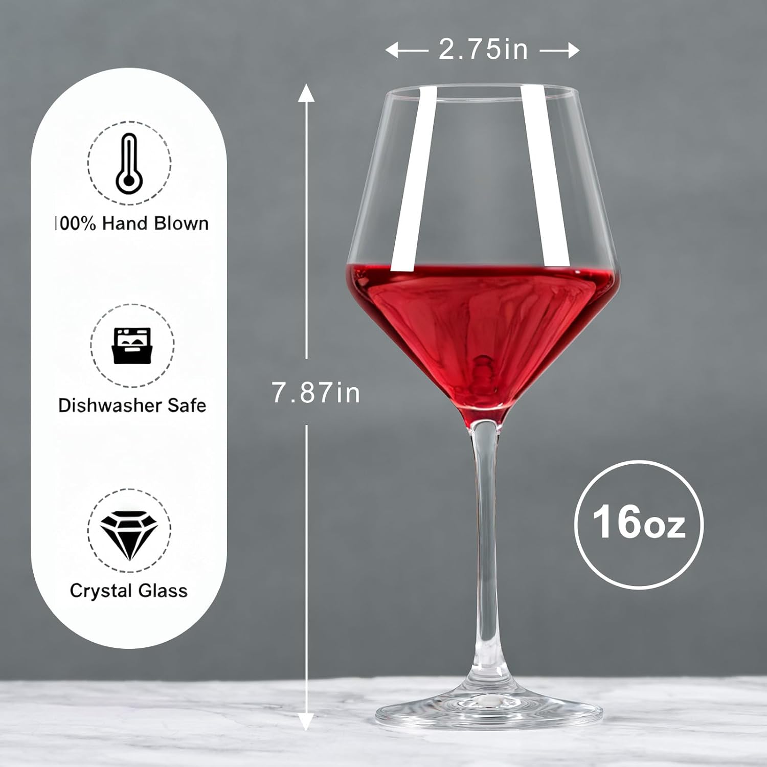 FrutPunch Hand-Blown Crystal Wine Glasses Set of 4, 16OZ, Long Stem Glasses for Red and White Wine, Christmas and Wedding Gifts (4)