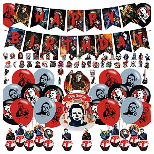 Horror Movie Have A Killer Party Decorations,Birthday Party Supplies For Thriller Killer Role Michael Myers Party Supplies Includes Banner - Cake Topper - 12 Cupcake Toppers - 18 Balloons -50 Horror Movie Stickers