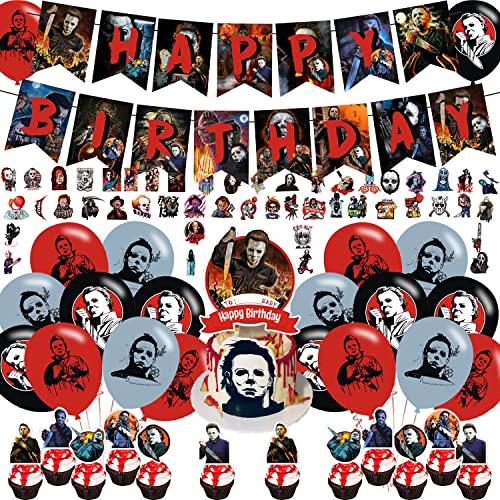 Horror Movie Have A Killer Party Decorations Birthday Party Supplies For Thriller Killer Role Michael Myers Party Supplies Includes Banner - Cake Topper - 12 Cupcake Toppers - 18 Balloons -50 Stickers