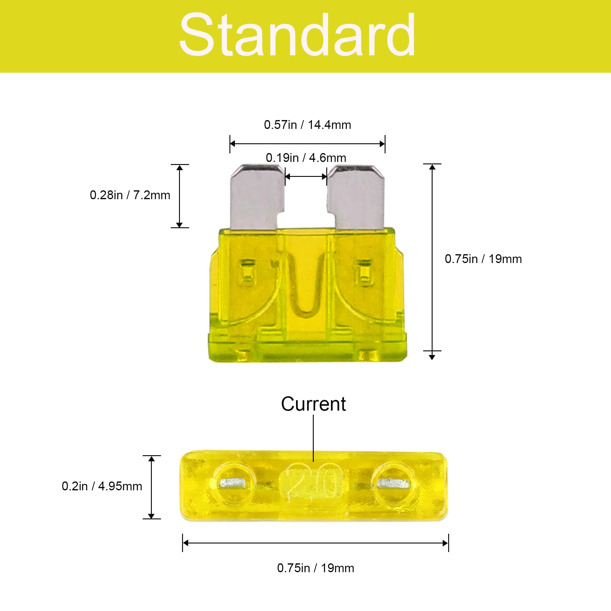 Car Fuses, 2Pcs Standard Blade Fuses 20A for Car Boat RV Truck Motorcycle (Yellow 20 Amps) — view 2