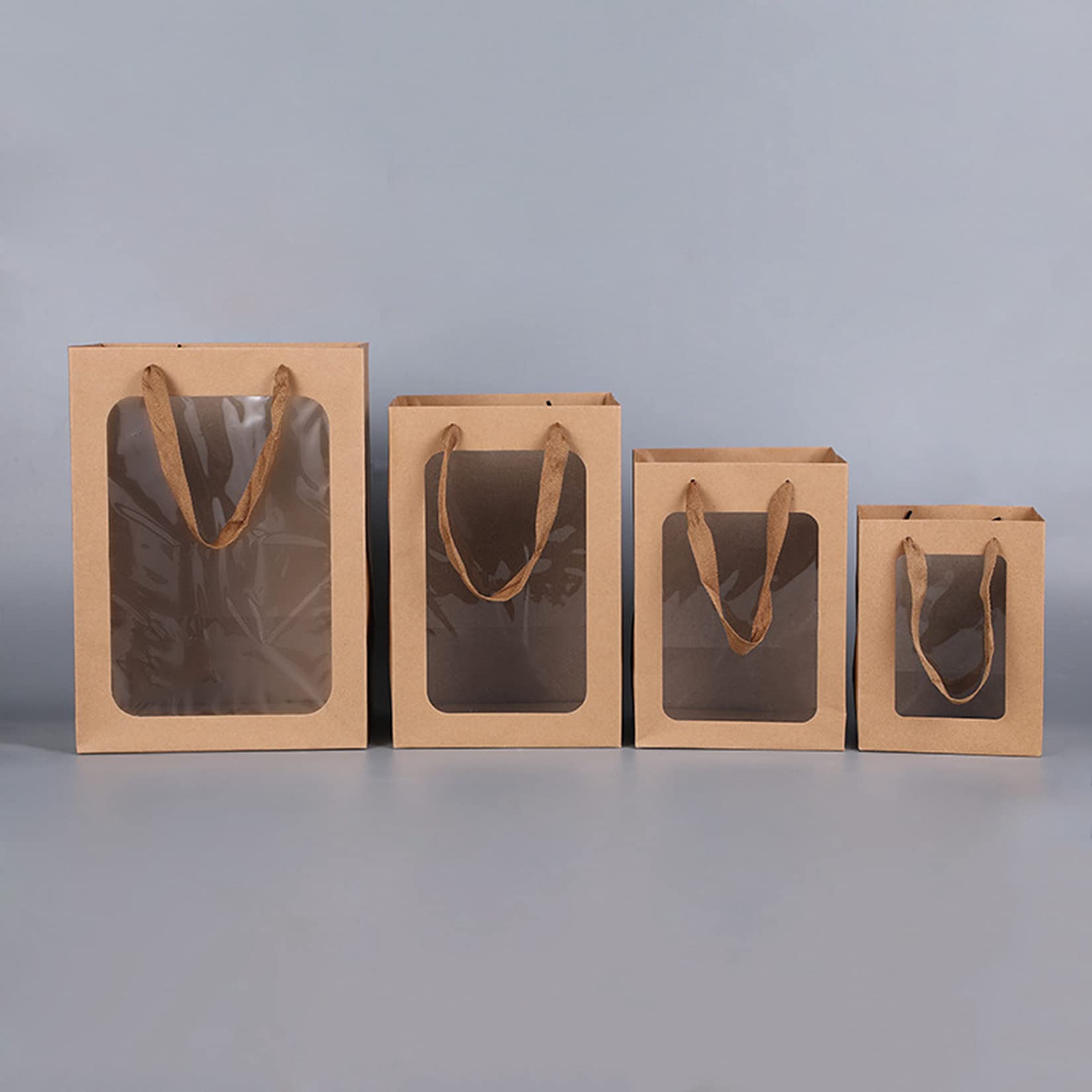 10 Geschenktüten Mit Fenster & Grußkarten – Kraftpapier, 20x16x30 Cm, Mit Stabilen Stoffgriffen