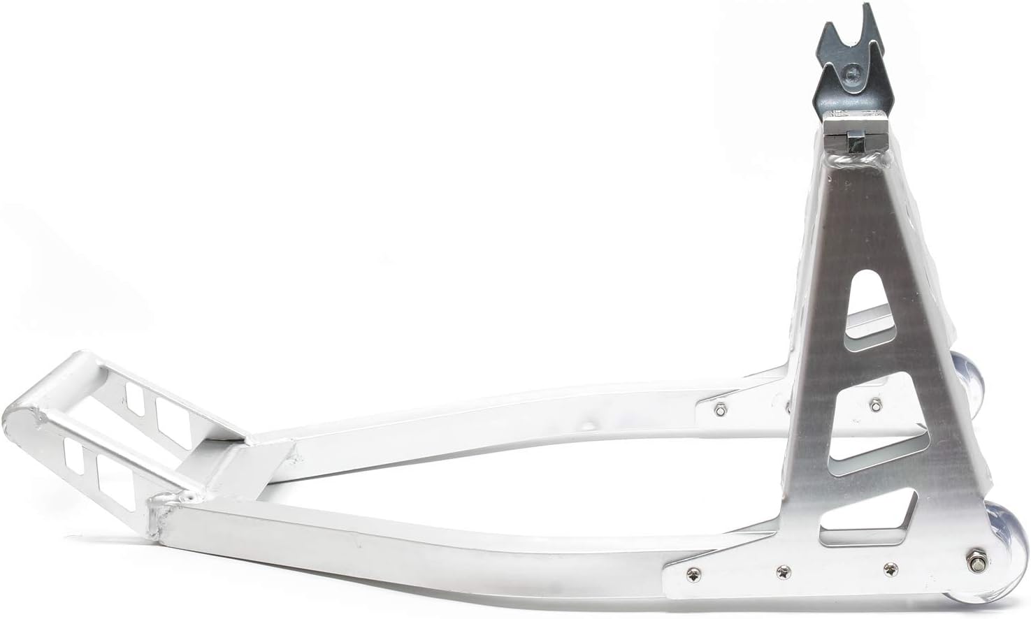 Side view of the assembled motorcycle stand, showing the frame and wheels.