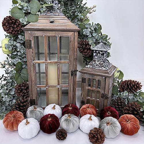 Image of Winlyn 12 Pcs Assorted Small Faux Rustic Velvet Pumpkins Decorative Fabric Foam Pumpkins in Burgundy Bronze Gray White 3 inch for Fall Wedding Halloween Thanksgiving Table Centerpiece Decor