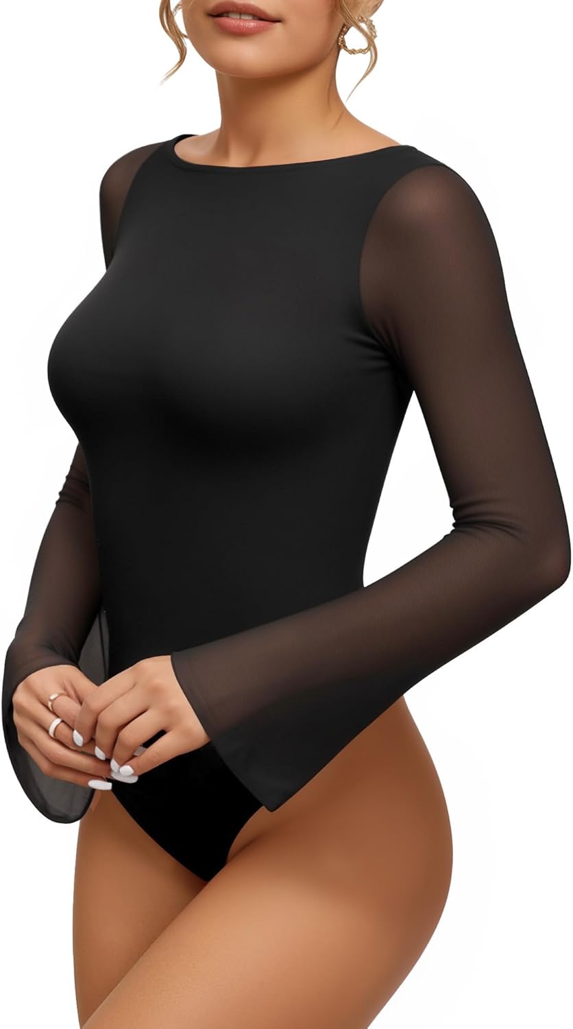 MANGOPOP Women's Boat Neck Bell Sleeve Bodysuit Sexy Sheer Mesh Double Lined Body Suits Going Out Fall Tops 2025 - Image 2