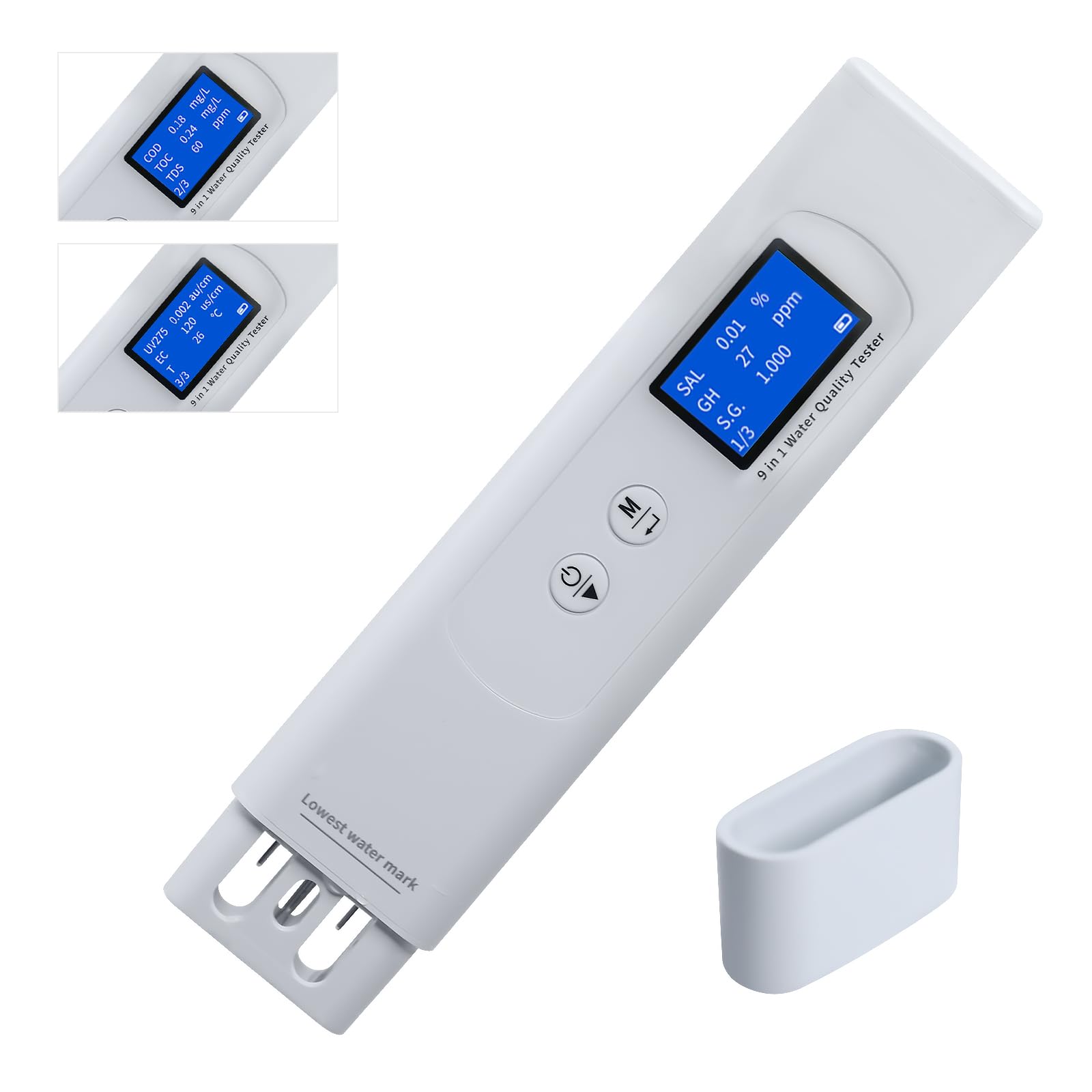 Testeur d'eau Multiparamètres 9-en-1 : COD, TOC, UV275, TDS, EC, Salinité, Dureté, SG, Temp. LCD Couleur, Rétroéclairage, Scoring Intelligent pour Aquariums et Eau Potable
